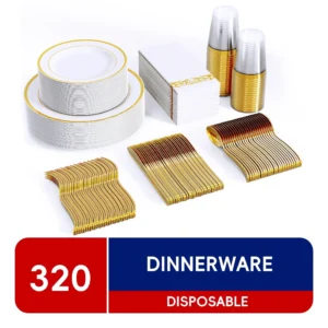 JOLLY CHEF 320 Piece Gold Rim Dinnerware Set Disposable Plastic Plates Party 45 Dinner Plates 45 salad Plates 50 Linen Feel Napkins 45 Cups 45 Silver