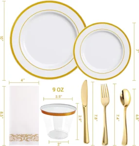 JOLLY CHEF 320 Piece Gold Rim Dinnerware Set Disposable Plastic Plates Party 45 Dinner Plates 45 salad Plates 50 Linen Feel Napkins 45 Cups 45 Silver