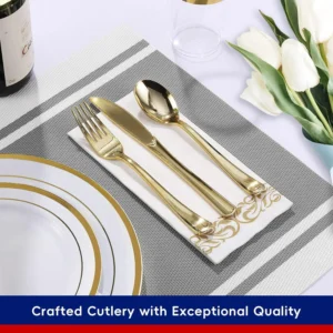 JOLLY CHEF 320 Piece Gold Rim Dinnerware Set Disposable Plastic Plates Party 45 Dinner Plates 45 salad Plates 50 Linen Feel Napkins 45 Cups 45 Silver