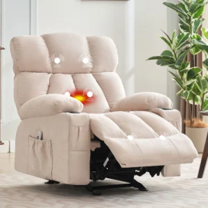 JONPONY Manual Recliner Chair Heat Therapy Massage Function Heavy Duty Reclining Mechanism Massage Chair Elderly Single Rocker Sofa Cup Holders Bedro