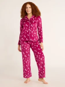 Joyspun Women s Stretch Satin Notch Long Sleeve Top and Short Pajama Set Sizes XS to 3X