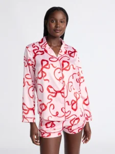 Joyspun Women s Stretch Satin Notch Long Sleeve Top and Short Pajama Set Sizes XS to 3X