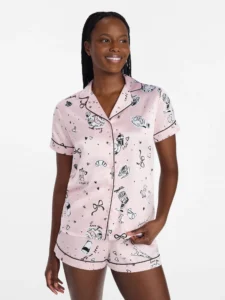 Joyspun Women s Stretch Satin Notch Short Sleeve Top and Shorts Pajama Set Sizes XS to 3X