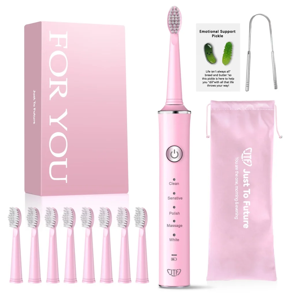 JTF Sonic Electric Toothbrush Adults Kids 6 Brush Heads Tongue Scraper Travel Bag YOU 5 Modes Rechargeable Power Toothbrush Family Friends For Home S