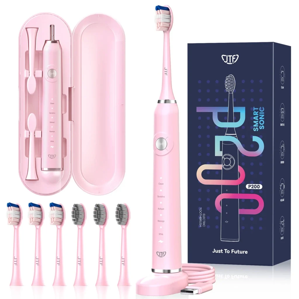 JTF Sonic Electric Toothbrush with 5 Modes – Family Pack & 6 Heads — alternate angle showing full product