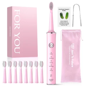 JTF Sonic Electric Toothbrush for Women with Travel Case 5 Modes and 6 Brush Heads Pink
