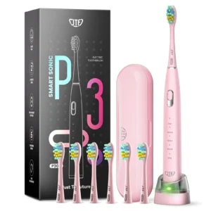 JTF Sonic Electric Toothbrush for Women with Travel Case 5 Modes and 6 Brush Heads Pink