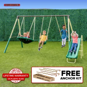 KidKraft Ainsley Wooden Outdoor Swing Set with Slide and Rock Wall