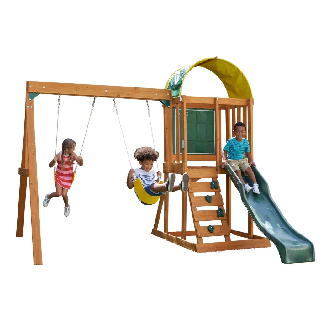 KidKraft Ainsley Wooden Outdoor Swing Set with Slide and Rock Wall — alternate angle showing full product