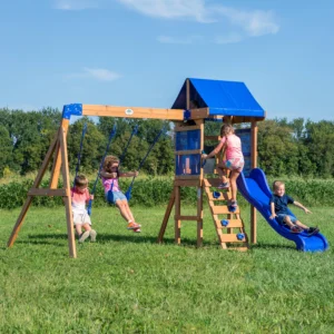 KidKraft Ainsley Wooden Outdoor Swing Set with Slide and Rock Wall