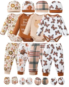 KIMI BEAR Newborn Baby Girls Layette Set 4 Packs 0 3 Months Winter Clothes Outfits Long Sleeves Romper Top Pants Gloves Hats 16 Piece Essentials Acce