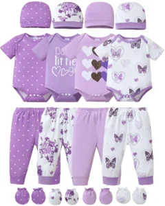 KIMI BEAR Newborn Baby Girls Layette Set 4 Packs 0 3 Months Winter Clothes Outfits Long Sleeves Romper Top Pants Gloves Hats 16 Piece Essentials Acce