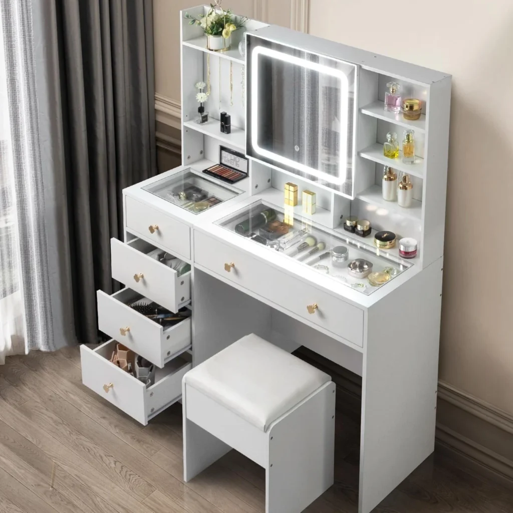 Ktaxon Large 47 2 Makeup Vanity 3 Color Lights Vanity Desk USB Charging Station Vanity Makeup Table Visible Drawers Hidden Open Storage Shelves White
