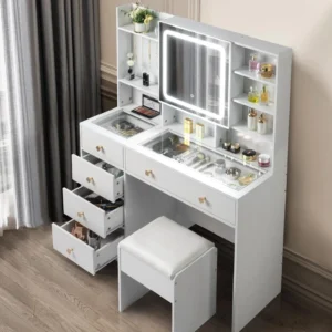 Ktaxon Large 47 2 Makeup Vanity 3 Color Lights Vanity Desk USB Charging Station Vanity Makeup Table Visible Drawers Hidden Open Storage Shelves White
