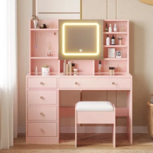 Ktaxon Large 47 2 Makeup Vanity 3 Color Lights Vanity Desk USB Charging Station Vanity Makeup Table Visible Drawers Hidden Open Storage Shelves White