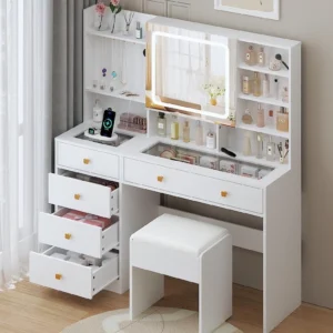 Ktaxon Large 47 2 Makeup Vanity 3 Color Lights Vanity Desk USB Charging Station Vanity Makeup Table Visible Drawers Hidden Open Storage Shelves White