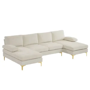 Ktaxon Sectional Sofa Set 110 U Shaped Chenille Couch 4 Seat Lounge Sleeper with Double Chaise for Apartment Living Room Camel Color