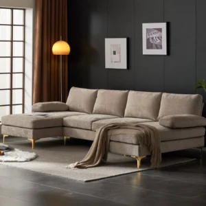 Ktaxon Sectional Sofa Set 110 U Shaped Chenille Couch 4 Seat Lounge Sleeper with Double Chaise for Apartment Living Room Camel Color