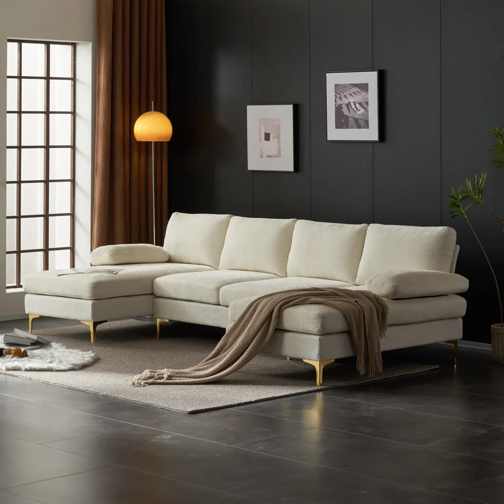 Ktaxon Sectional Sofa Set 110 U Shaped Chenille Couch 4 Seat Lounge Sleeper with Double Chaise for Apartment Living Room Camel Color — alternate angle showing full product