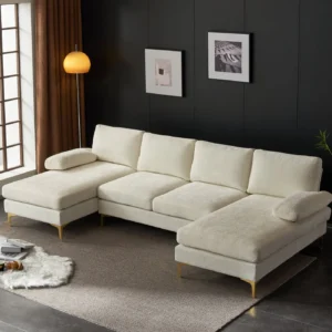 Ktaxon Sectional Sofa Set 110 U Shaped Chenille Couch 4 Seat Lounge Sleeper with Double Chaise for Apartment Living Room Camel Color