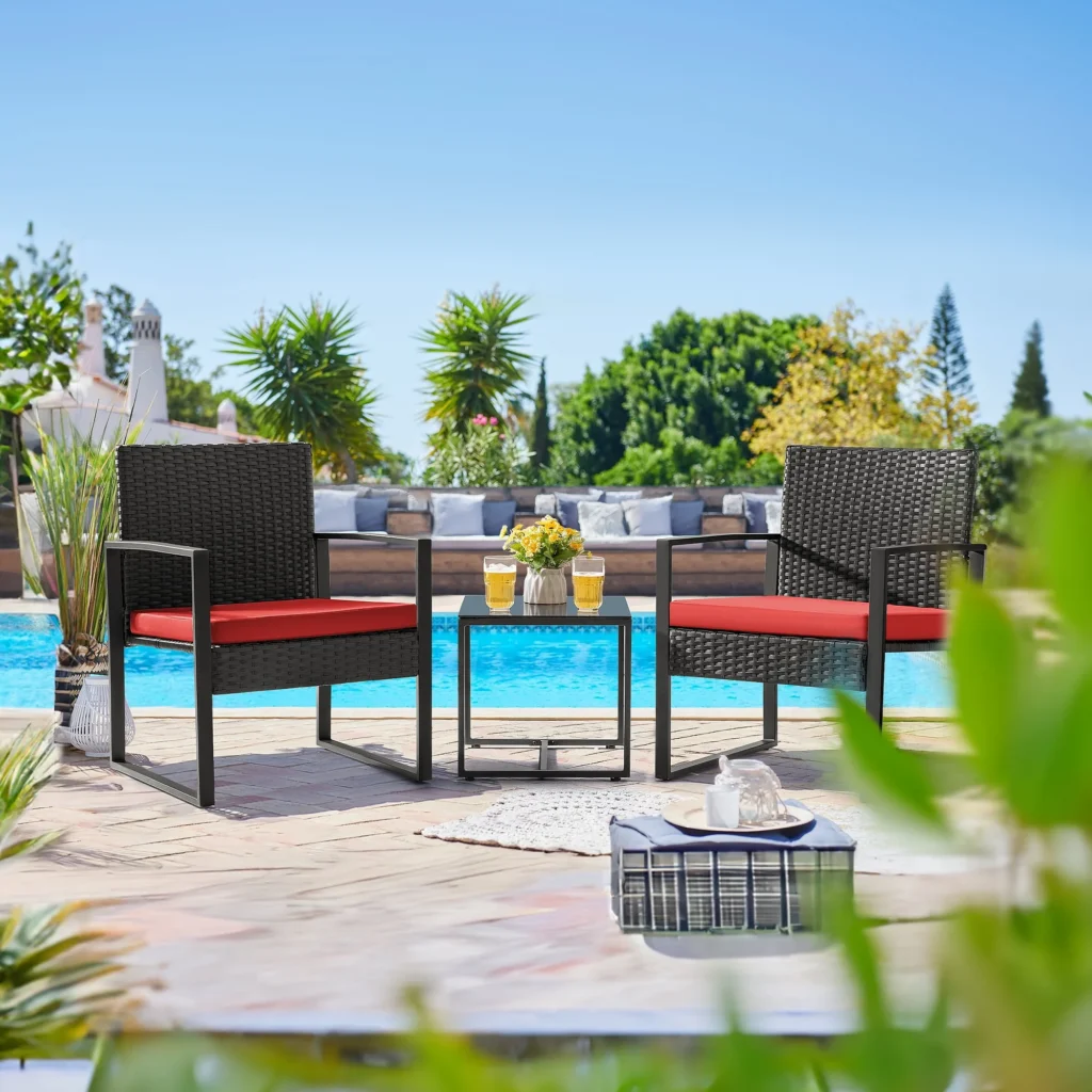 Lacoo 3 Pieces Outdoor Bistro Chair Set PE Rattan Patio Conversation Set of 2 with Cushion and Coffee Table Black