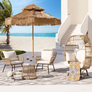Lacoo 3 Pieces Outdoor Bistro Chair Set PE Rattan Patio Conversation Set of 2 with Cushion and Coffee Table Black