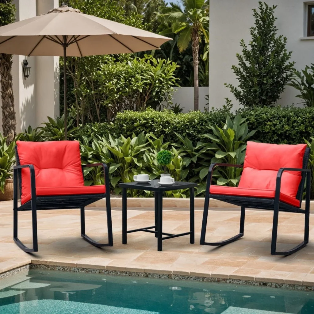 Lacoo 3 Pieces Outdoor Bistro Chair Set PE Rattan Patio Conversation Set of 2 with Cushion and Coffee Table Black — close-up detail of design and finish