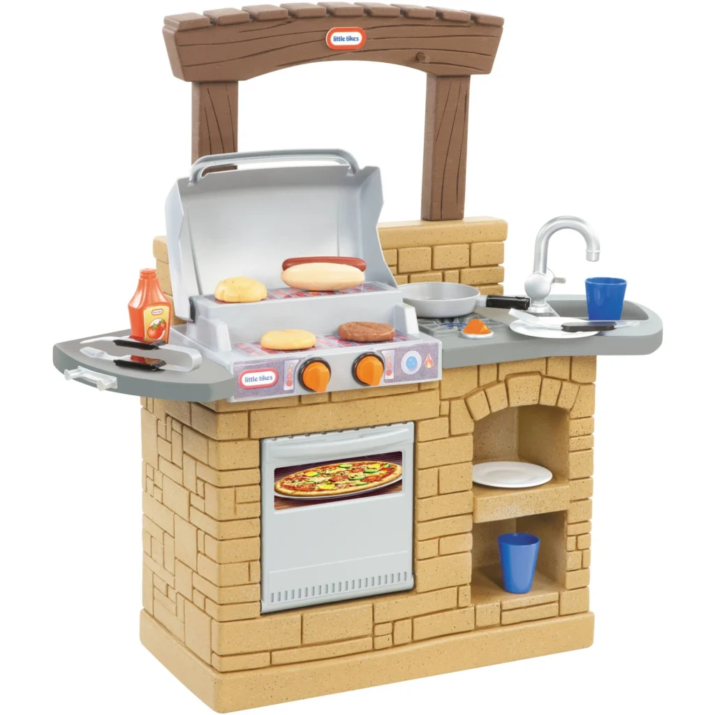 Little Tikes Cook n Play Outdoor BBQ Grill 12 Piece Plastic Outdoor Pretend Play Kitchen Toys Playset with Oven Tan For Kids Girls Boys Ages 3 4 5