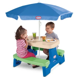 Little Tikes Outdoor Portable Kids Picnic Table with Umbrella Blue Green