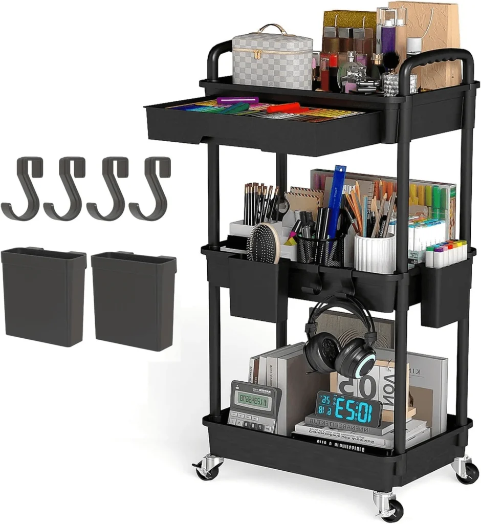 LLMRR 3 Tier Rolling Utility Cart Drawer Cart Drawer Handle Bathroom Cart Organizer Rolling Storage Cart Drawer Rolling Cart Lockable Wheels Kitchen