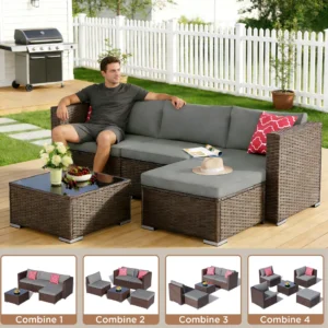 Lofka 5-Piece Outdoor Patio Furniture Set, Sectional Sofa with Cushions