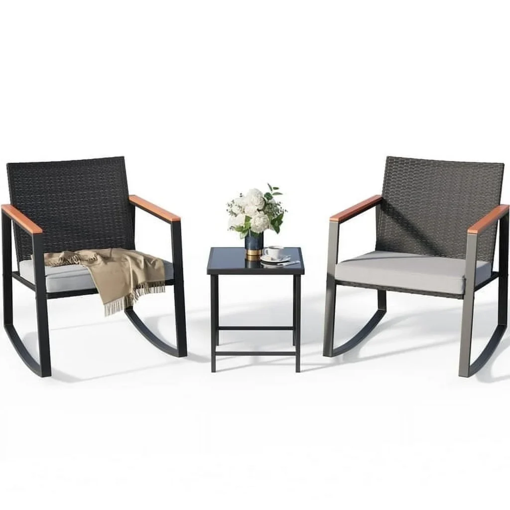 Lofka Patio Rocking Chairs Set with Glass Coffee Table 3 Piece Outdoor Furniture Set for Balcony PE Rattan Gray