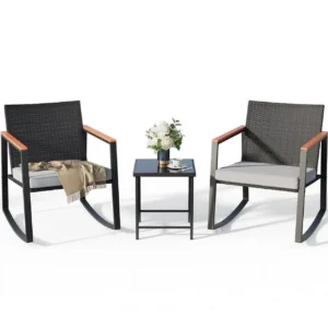 Lofka Patio Rocking Chairs Set with Glass Coffee Table 3 Piece Outdoor Furniture Set for Balcony PE Rattan Gray