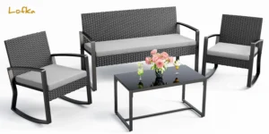 Lofka Patio Rocking Chairs Set with Glass Coffee Table 3 Piece Outdoor Furniture Set for Balcony PE Rattan Gray