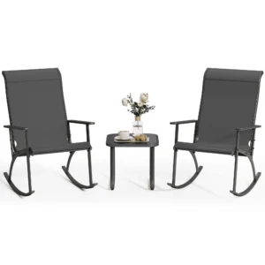 Lofka Patio Rocking Chairs Set with Glass Coffee Table 3 Piece Outdoor Furniture Set for Balcony PE Rattan Gray