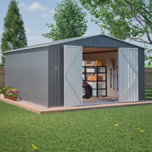LZBEITEM 11 x 13 ft Outdoor Metal Storage Shed Floor Frame Kit Galvanized Steel Garden Shed Metal Garden Tool Shed Lockable Backyard Patio Gray 133 6
