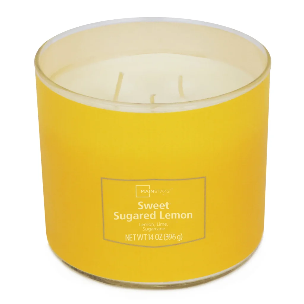 Mainstays 3 Wick Sweet Sugared Lemon Fragrance Candle with a Decorative wrap 13 Ounce — alternate angle showing full product