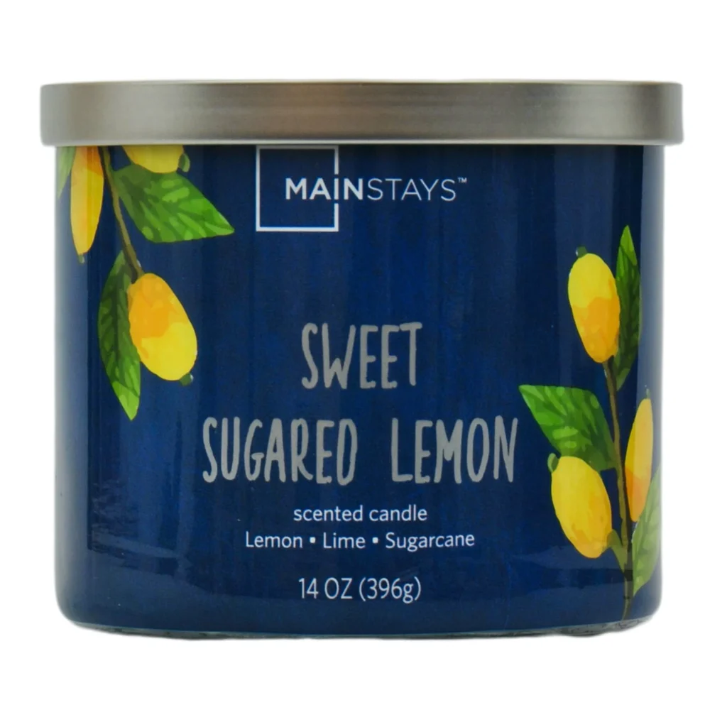 Mainstays 3 Wick Sweet Sugared Lemon Fragrance Candle with a Decorative wrap 13 Ounce — close-up detail of design and finish