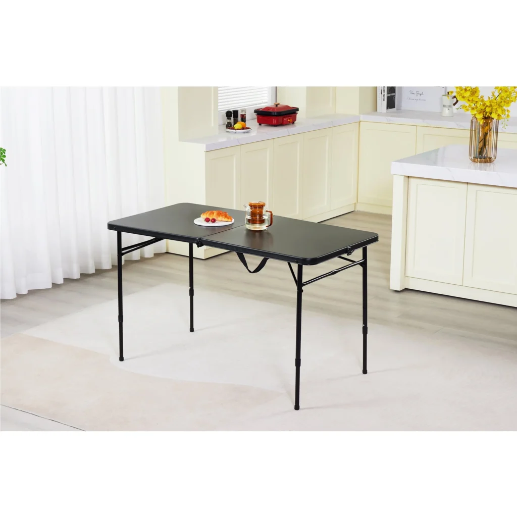 Mainstays 4-Foot Fold-in-Half Adjustable Folding Table – Rich Black β close-up detail of design and finish