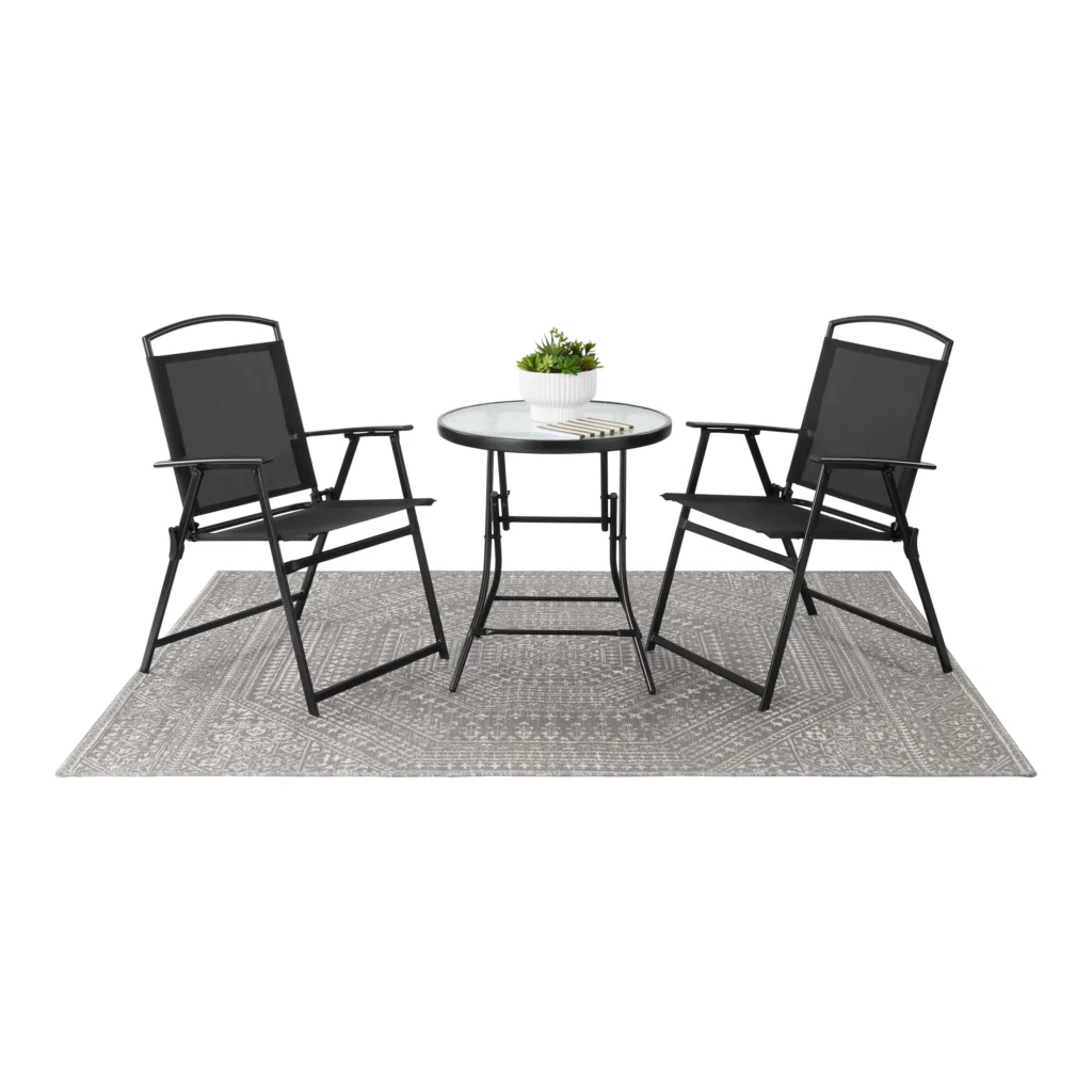 Mainstays Outdoor Bistro Set Black 3 Piece with Folding — close-up detail of design and finish