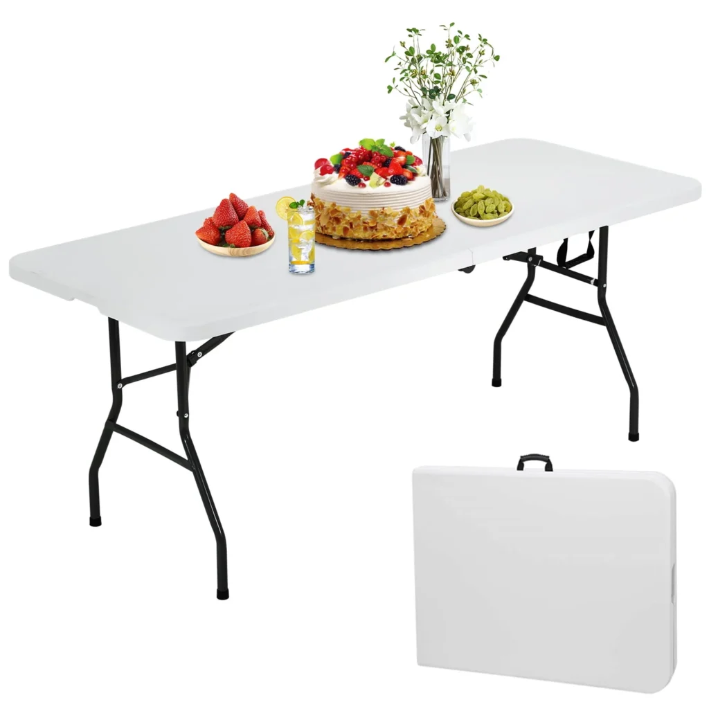 Mainstays White 6 Foot Fold in Half Plastic Table Indoor Outdoor Scratch Resistant Stain UV Damage Built in Carry Handle — close-up detail of design and finish