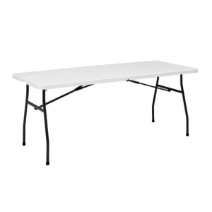 Mainstays White 6 Foot Fold in Half Plastic Table Indoor Outdoor Scratch Resistant Stain UV Damage Built in Carry Handle
