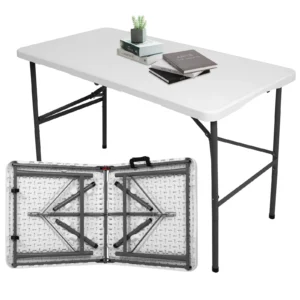Mainstays White 6 Foot Fold in Half Plastic Table Indoor Outdoor Scratch Resistant Stain UV Damage Built in Carry Handle