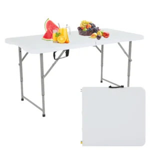 MAKE CHANGES Folding Table 4 FT Lightweight Camping Table Plastic Rectangular Outdoor Table Iron Legs Fold in Half Easy Store Perfect Party Dining We