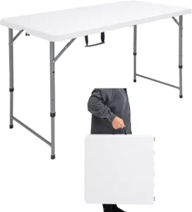 MAKE CHANGES Folding Table 4 FT Lightweight Camping Table Plastic Rectangular Outdoor Table Iron Legs Fold in Half Easy Store Perfect Party Dining We