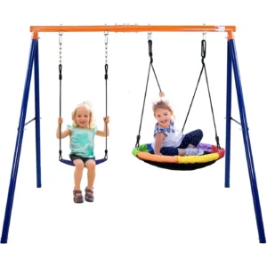 Mersco Swing Set Backyard Slide Heavy Duty 440lbs Metal Outdoor Stand Contain 1 Saucer 32 Belt Seat 26 2 Slide Playground Playset