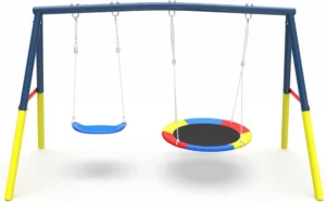 Mersco Swing Set Backyard Slide Heavy Duty 440lbs Metal Outdoor Stand Contain 1 Saucer 32 Belt Seat 26 2 Slide Playground Playset