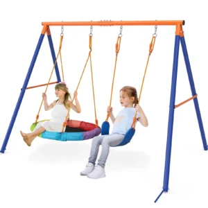 Mersco Swing Set Backyard Slide Heavy Duty 440lbs Metal Outdoor Stand Contain 1 Saucer 32 Belt Seat 26 2 Slide Playground Playset
