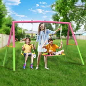 Mersco Swing Set Backyard Slide Heavy Duty 440lbs Metal Outdoor Stand Contain 1 Saucer 32 Belt Seat 26 2 Slide Playground Playset