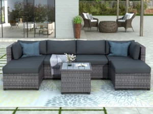 MF Studio 4 Piece All Weather Rattan Patio Furniture Set Outdoor Conversation Set with Wood Table Yellow and Red